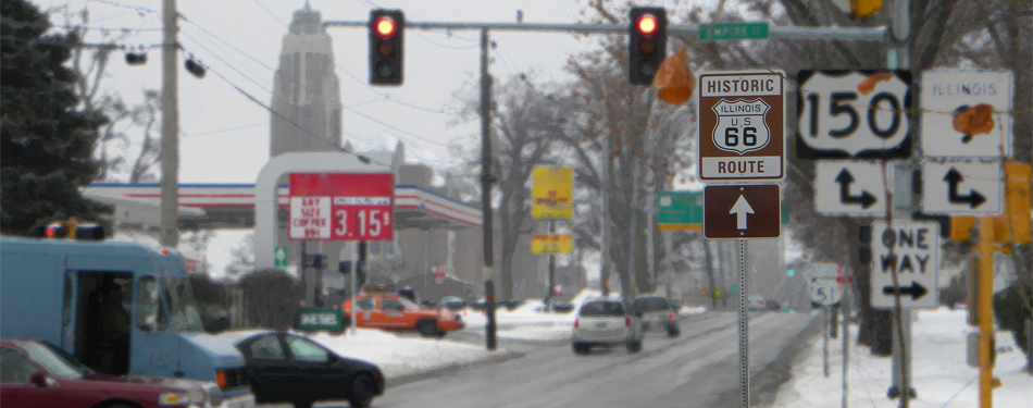 Historic Route 66 sign in Bloomington, Illinois