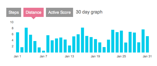 the distance I walked each day in January - it varied quite a bit, ranging from just over eight kilometers down to less than one